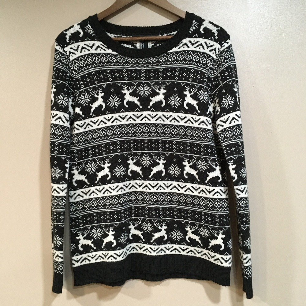 Fair Isle Reindeer Sweater Womens M‎ Black White Scandi Nordic Cozy Cabincore
